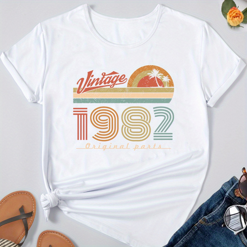 

Vintage 1982 Print T-shirt, Casual Crew Neck Short Sleeve Top For Spring & Summer, Women's Clothing