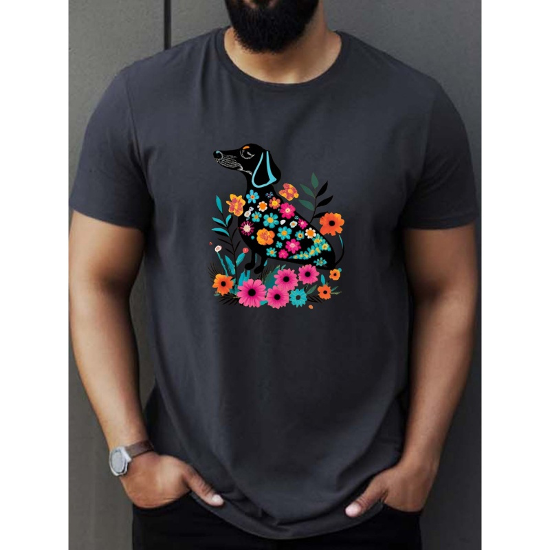 

Dachshund Silhouette With Flowers Print T Shirt, Tees For Men, Casual Short Sleeve T-shirt For Summer