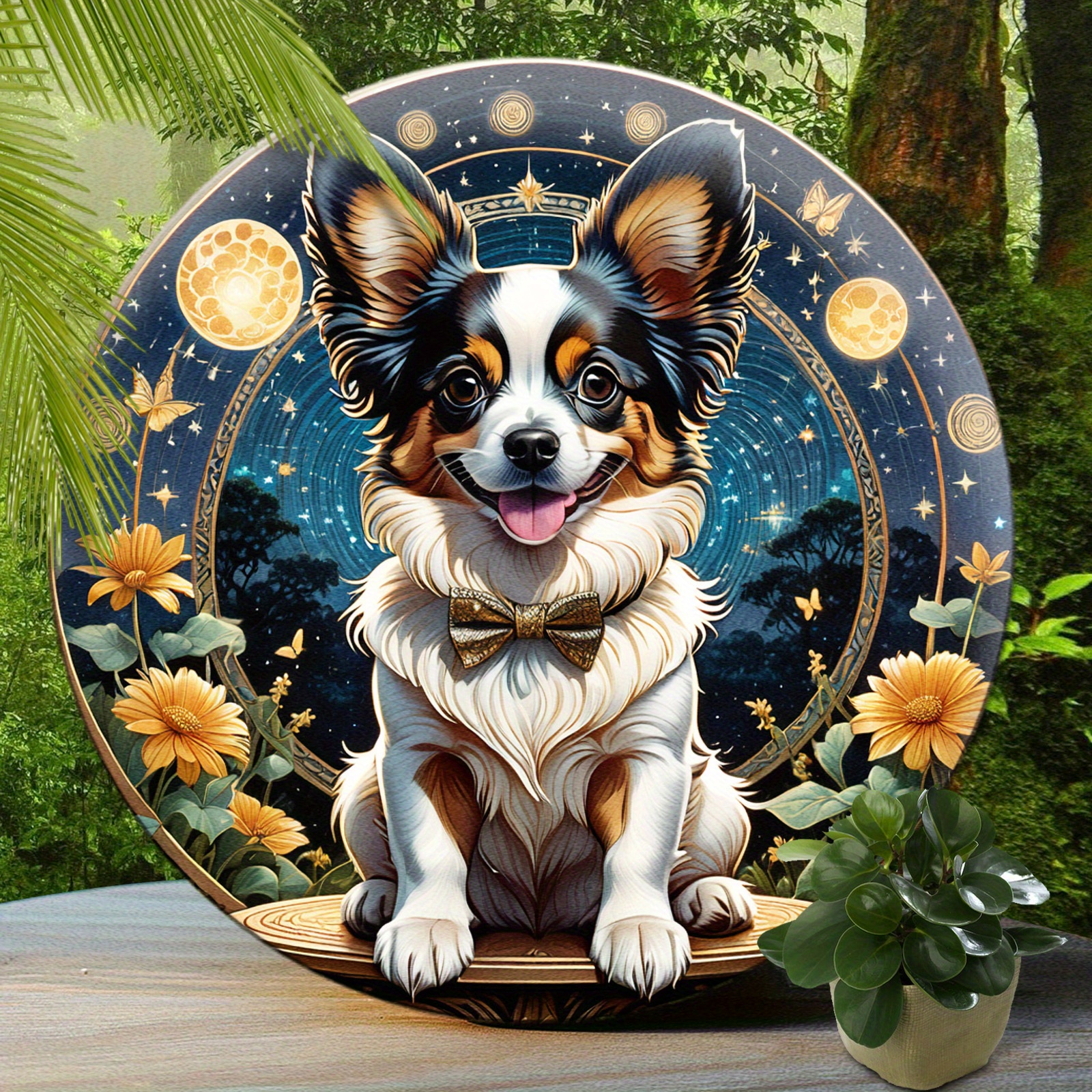 

1pc, Papillon Dog Sign - Cute Dog Aluminum Sign, Suitable For Home Room Cafe Bedroom Bar Living Room Garage Wall Decoration, Round Fashion Art Aesthetic, Holiday Gift 8x8 Inch (20x20cm)