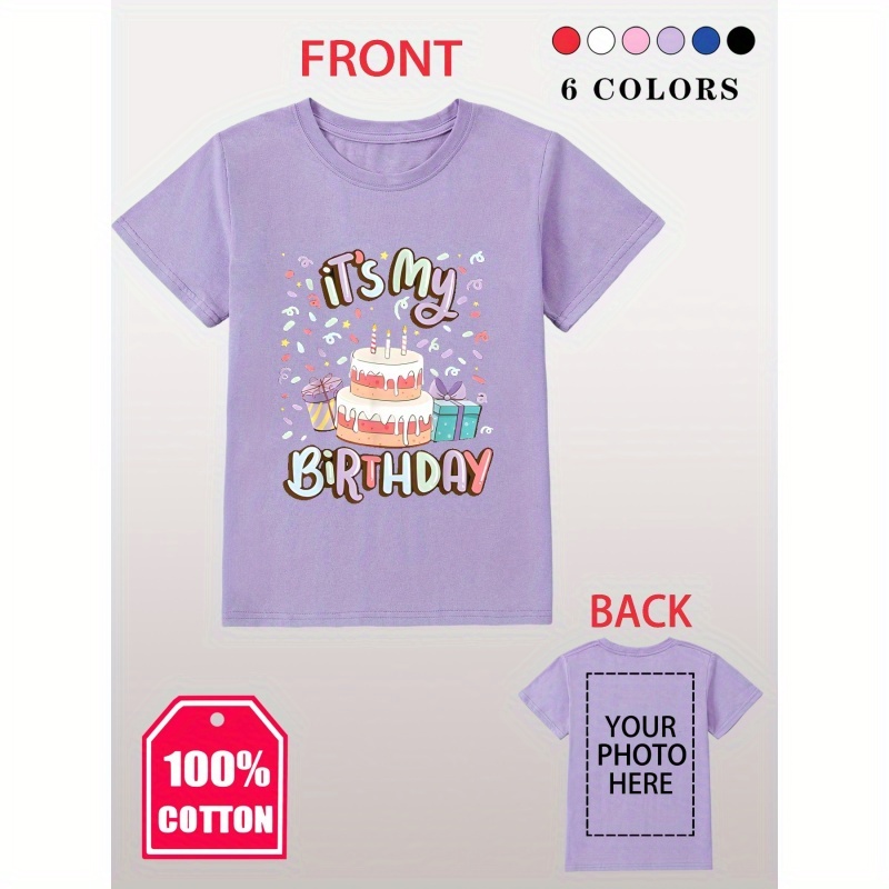 

Birthday Cake Front & Customized Back Print Tee For Boys, Casual Comfy Personalized Tee Top For Summer