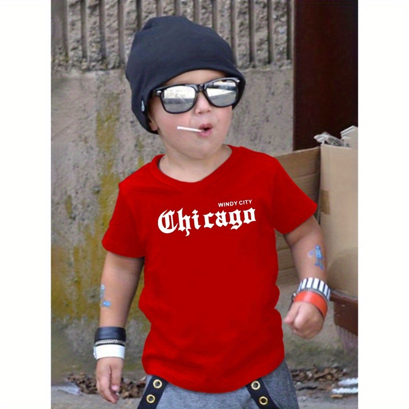 

Chicago Print Print Boy's Short Sleeve T-shirt, Casual Crew Neck Pullover Top Summer Clothing