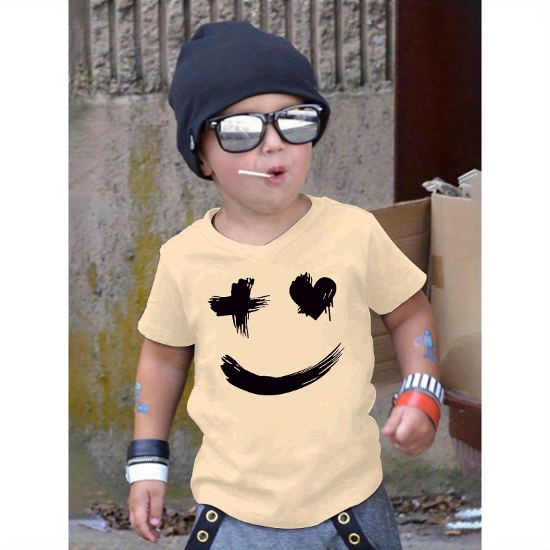 

Funny Smile Face Print Boy's Short Sleeve T-shirt, Casual Crew Neck Pullover Top, Kids Summer Clothing