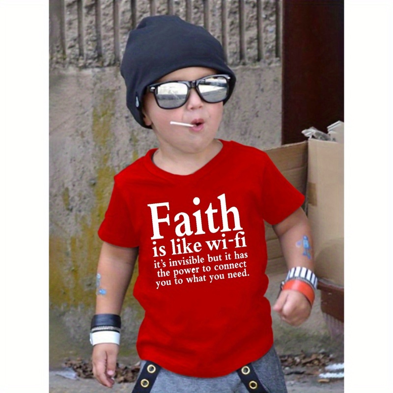 

Faith Is Like Wi-fi Print Boy's Short Sleeve T-shirt, Casual Crew Neck Pullover Top, Kids Summer Clothing