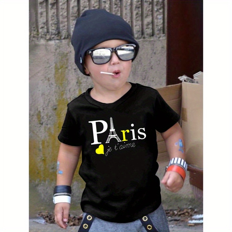 

Paris Print Boy's Short Sleeve T-shirt, Casual Crew Neck Pullover Top, Kids Summer Clothing