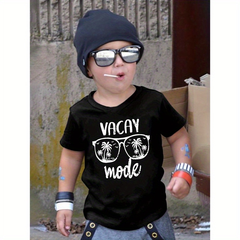 

Vacay Mode Print Boy's Short Sleeve T-shirt, Casual Crew Neck Pullover Top, Kids Summer Clothing
