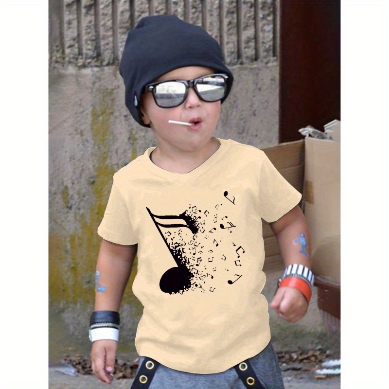 

Cartoon Music Note Print T-shirt For Kids, Casual Short Sleeve Top, Boy's Clothing