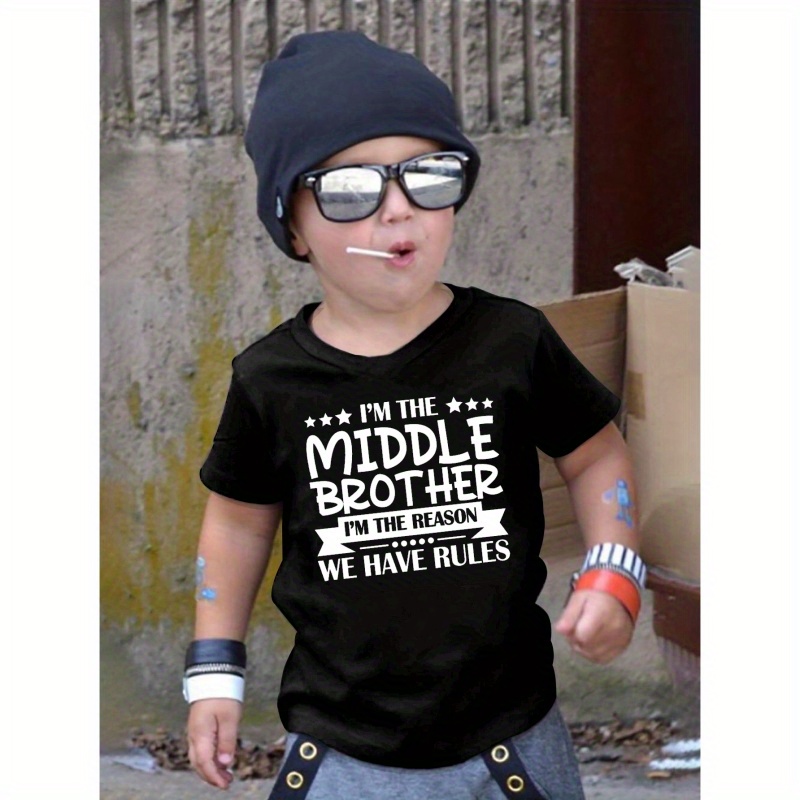 

Middle Brother Print T-shirt For Kids, Casual Short Sleeve Top, Boy's Clothing
