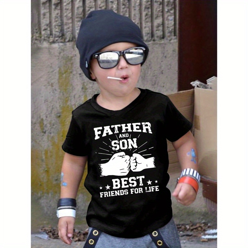 

Father & Son Print Boy's Short Sleeve T-shirt, Casual Crew Neck Pullover Top, Kids Summer Clothing