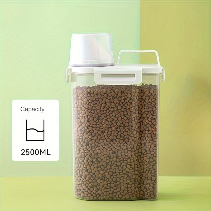 

1pc Pet Food Storage Container With Handle Design And Measuring Cup, Transparent And Sealed Dog And Cat Dry Food Storage Bucket