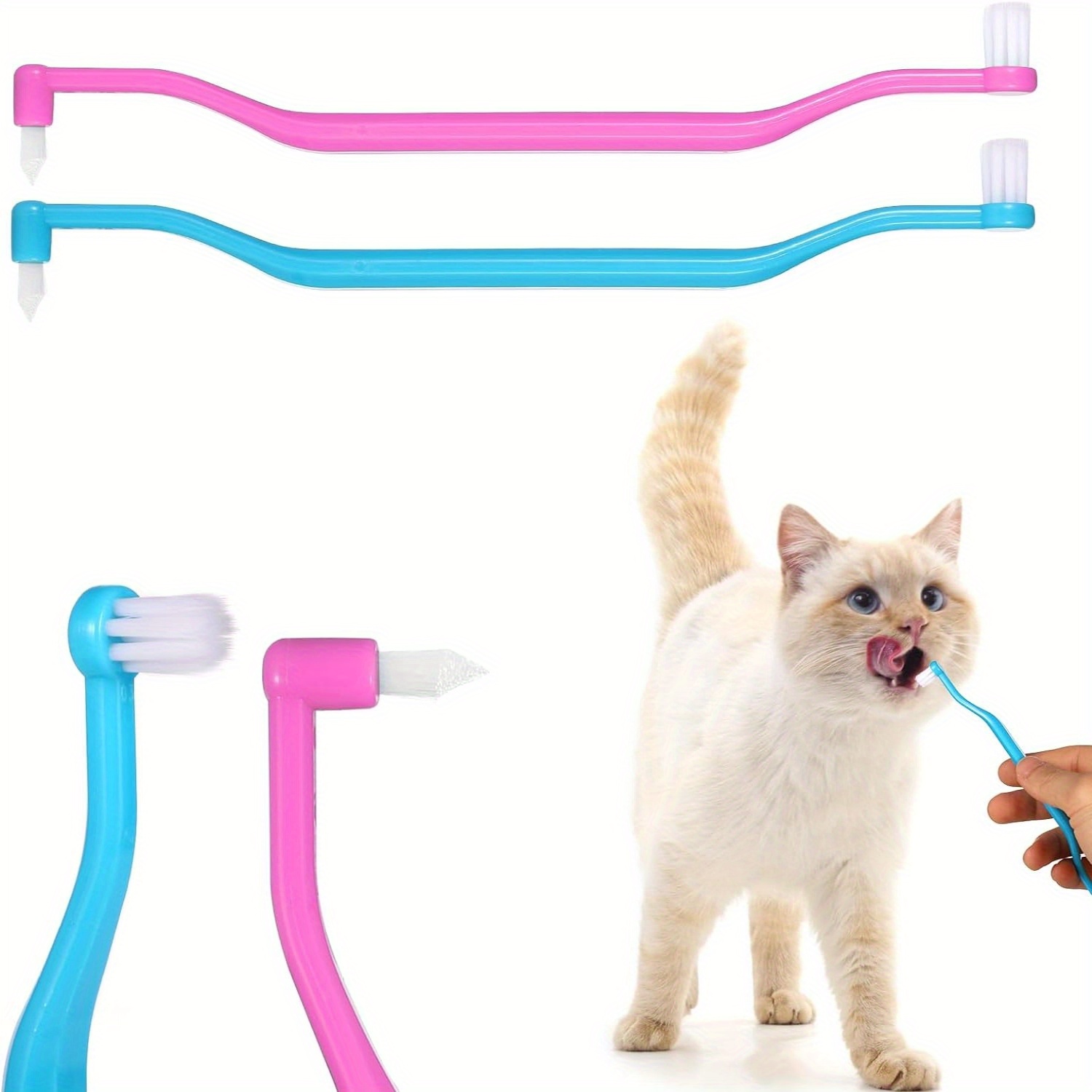 

2pcs Double-sided Cat Toothbrush, Kitten Toothbrush, Cat Tooth Cleaning Brush, Cat Tooth Care Supplies With Micro-brush Head And Curved Handle To Reduce Plaque Formation