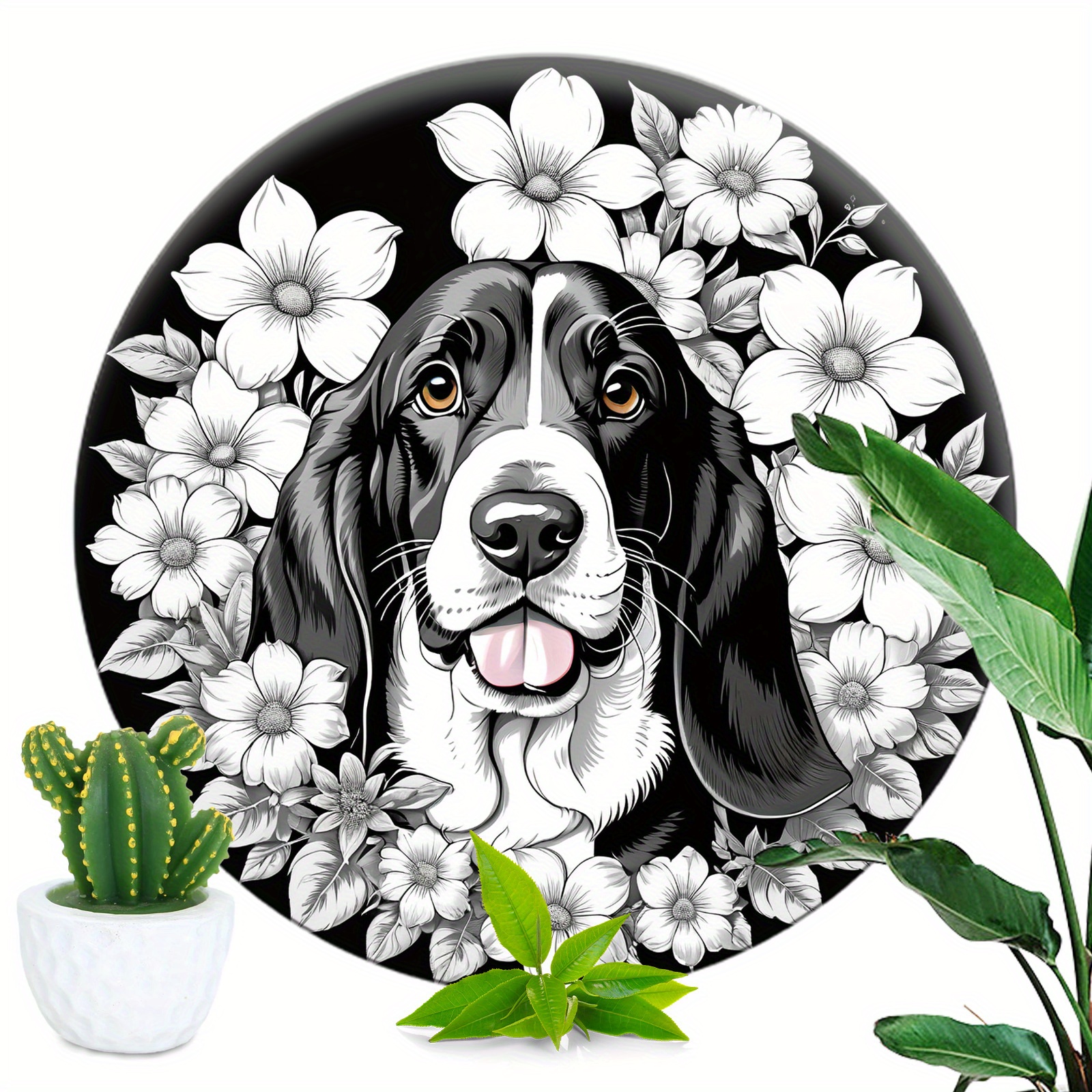 

1pc 8x8 Inch Spring Aluminum Aluminum Sign, Basset Hound Theme Decoration Cute Dog Window Decorations Round Wreath Sign Apartment Decoration Thanksgiving Day Gifts