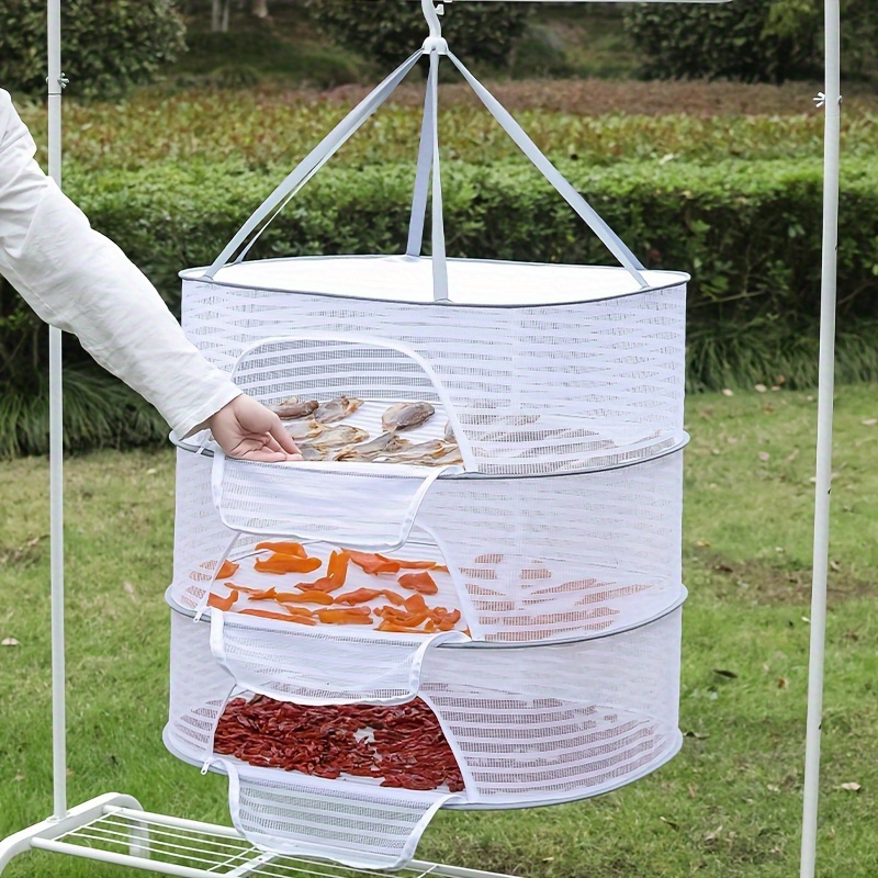 

1pc Folding Mesh Drying Rack With 1-3 Layers, Non-toxic Polyester Netting, Zippered Hanging Dryer For Fish, Shrimp, Fruits, Vegetables, And Herbs, Breathable Outdoor Food Storage
