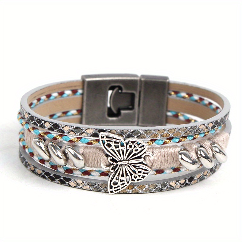 

Multi-layered Pu Leather Bracelet Handwoven Butterfly Faux Leather Rope Bracelet Retro Couple Bohemian Style Hand Jewelry Ornament