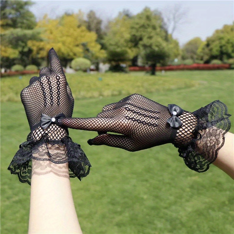 

Vintage Black Bridal Gloves With Lace & Bow Detail, Elegant Hollow-out Wedding Gloves For Women, Stretchy Mesh Gloves For Wedding Accessory