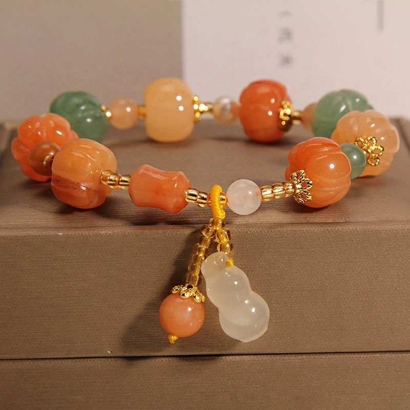 

1pc Chinese Style Classic Golden Silk Jade Pumpkin Beads Beaded Bracelet, Unisex Summer Gourd Pendant Hand Jewelry