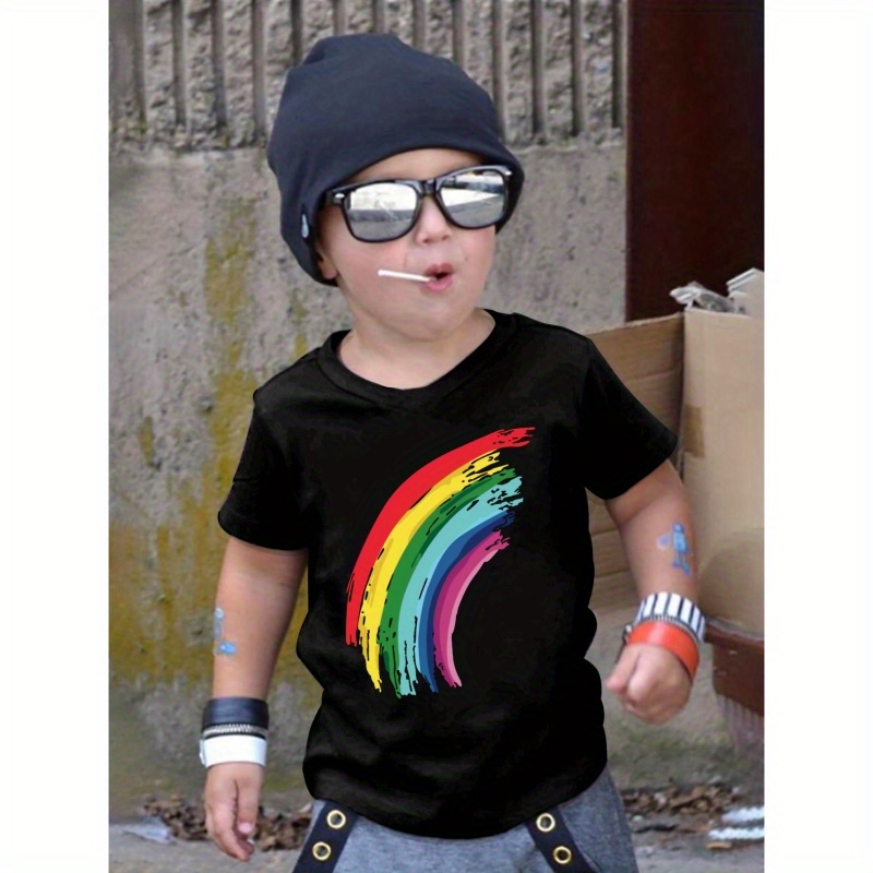 

Rainbow Print Crew Neck T-shirt, Short Sleeve Casual Summer Tee Tops, Boy's Clothing