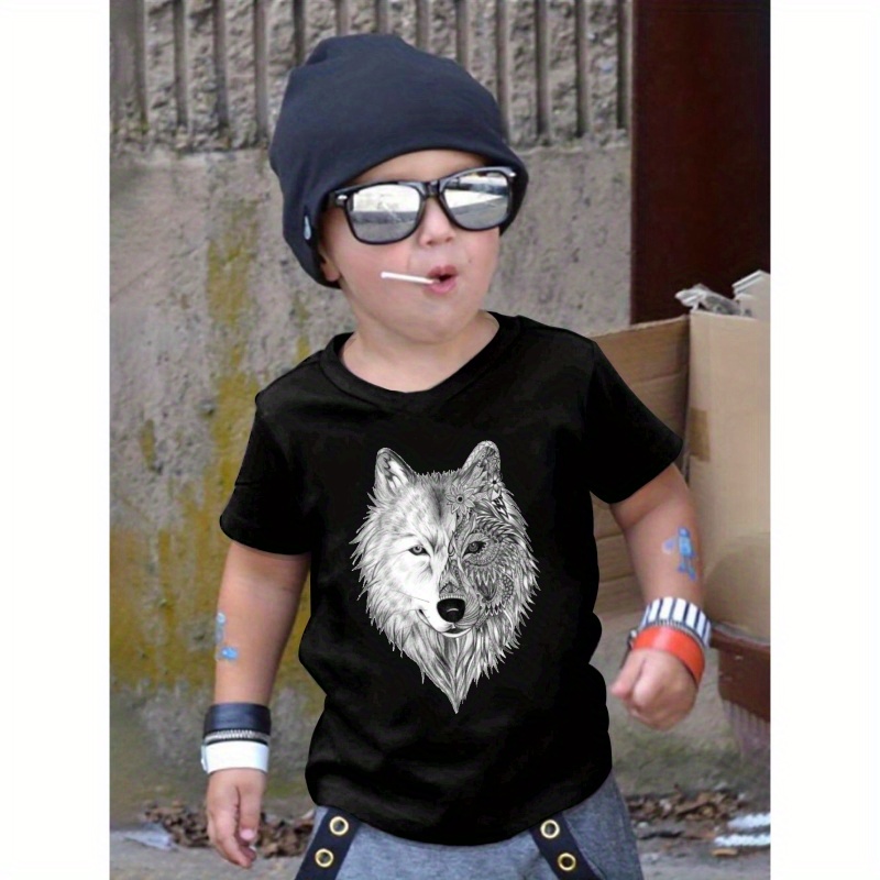 

Cool Wolf Print Boy's Casual Short Sleeve T-shirt, Crew Neck Pullover Top, Kids Summer Clothing