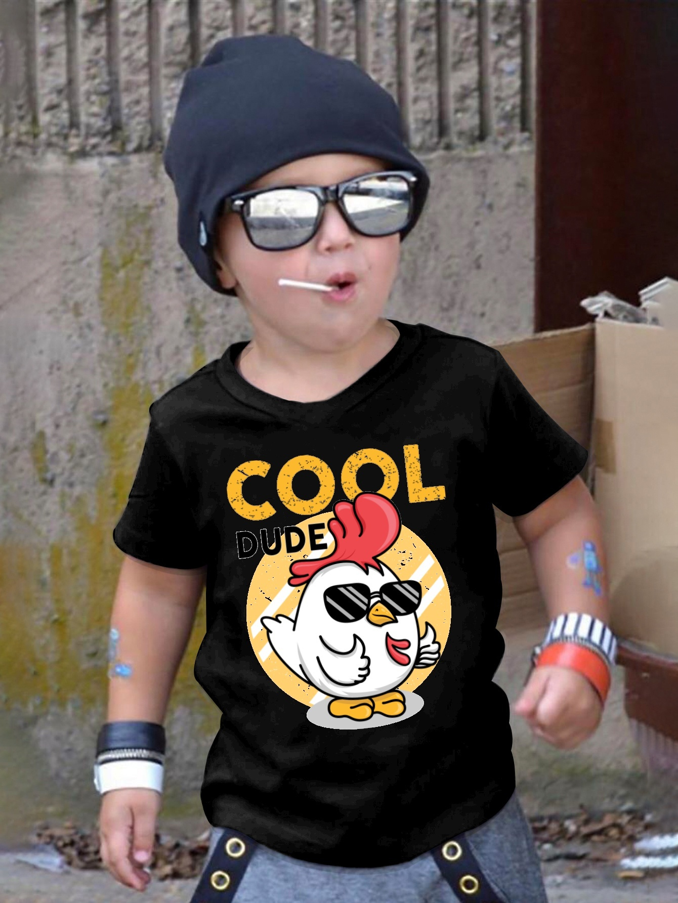 Temu Golden Fish And Cool Old Man Print Boys Creative T-Shirt, Casual Lightweight Comfy Short Sleeve Tee Tops, Kids Clothings For Summer