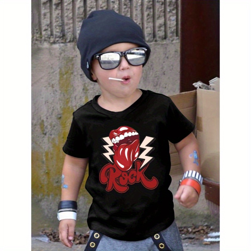 

Rock And Lips Print Casual Round Neck T-shirt, Short Sleeve Comfy Top, Boy's Summer Clothing
