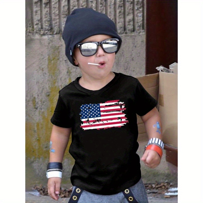 

Usa Flag Print Casual Round Neck T-shirt, Short Sleeve Comfy Top, Boy's Summer Clothing