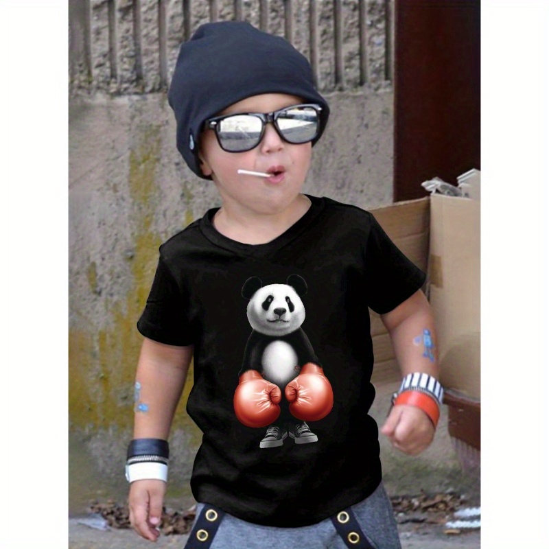 

Boxing Panda Print Boy's Short Sleeve T-shirt, Casual Crew Neck Pullover Top, Kids Summer Clothing