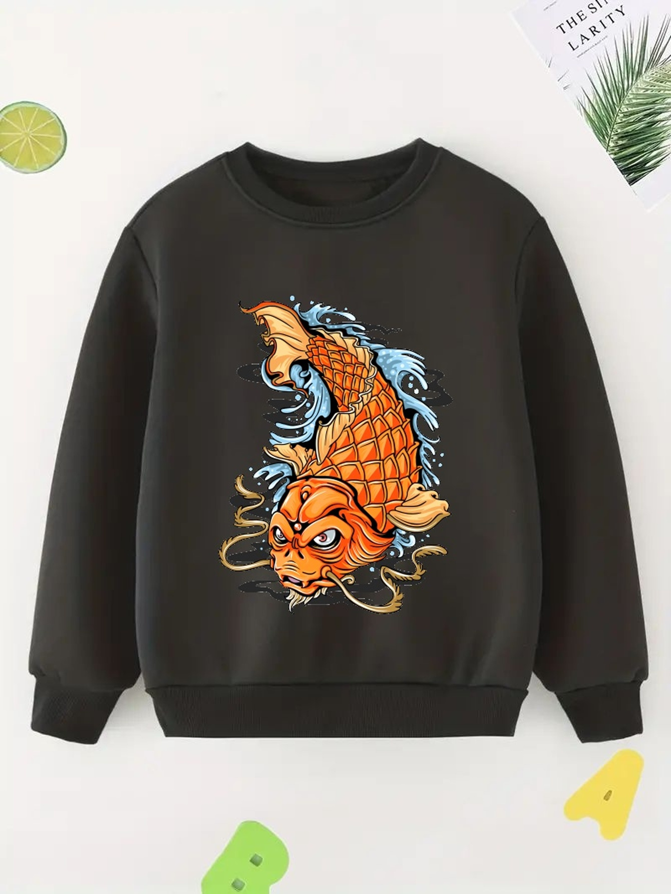 Golden Fish Print Boy's Pullover Round Neck Long Sleeve - Temu