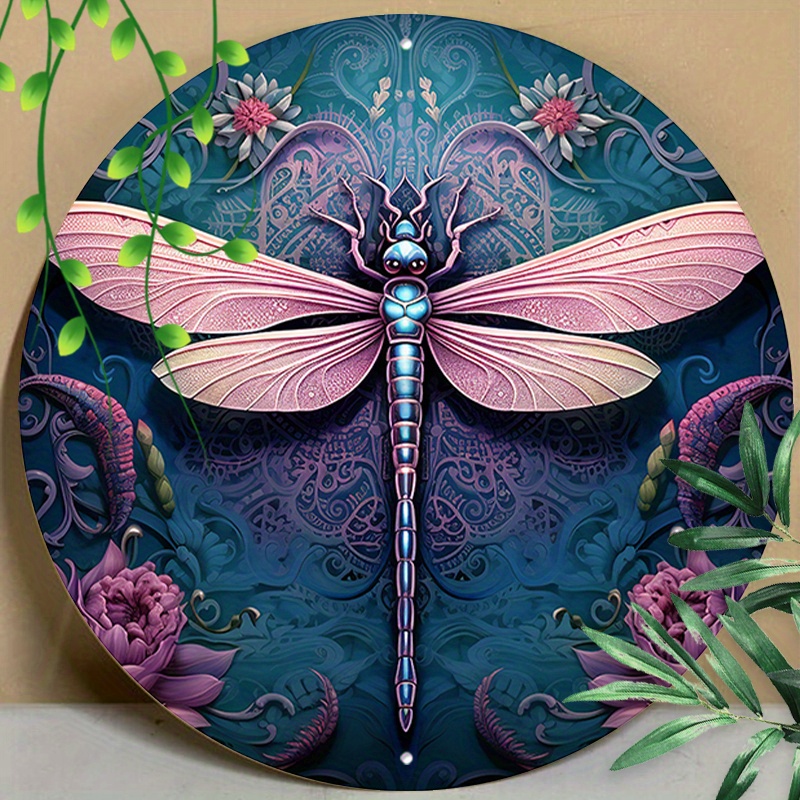 

1pc 8x8inch (20x20cm) Round Aluminum Sign, Vintage Metal Sign, Funny Cute Dragonfly Insect Metal Wreath Sign, For Patio Home Kitchen Room Garage Decor