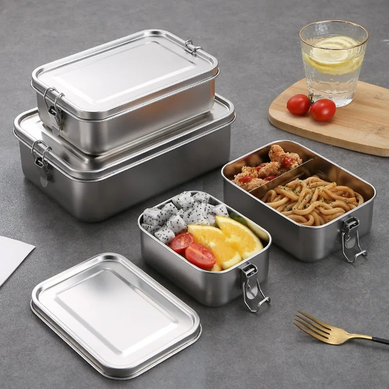 

1pc Stylish Stainless Steel Student Lunch Box, With Lid And Double Buckle Sealed Lunch Box, Rectangular Thickened Double Compartment Meal Box, Bento Box