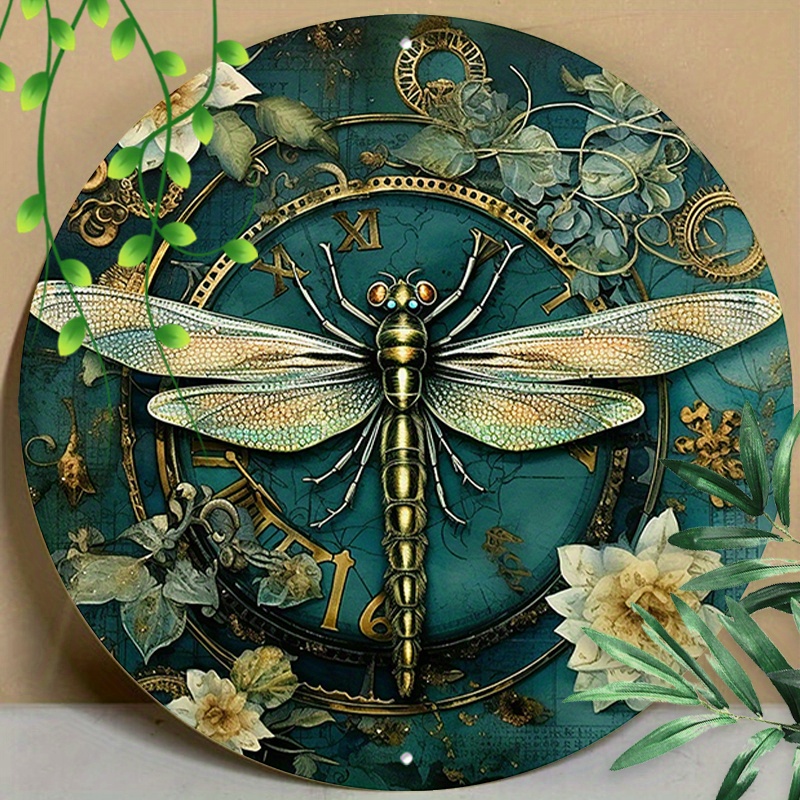 

1pc 8x8inch (20x20cm) Round Aluminum Sign Metal Sign Garden Decoration Dragonfly Vintage Style Metal Sign For Bedroom Modern Fashion Office Wall Decor