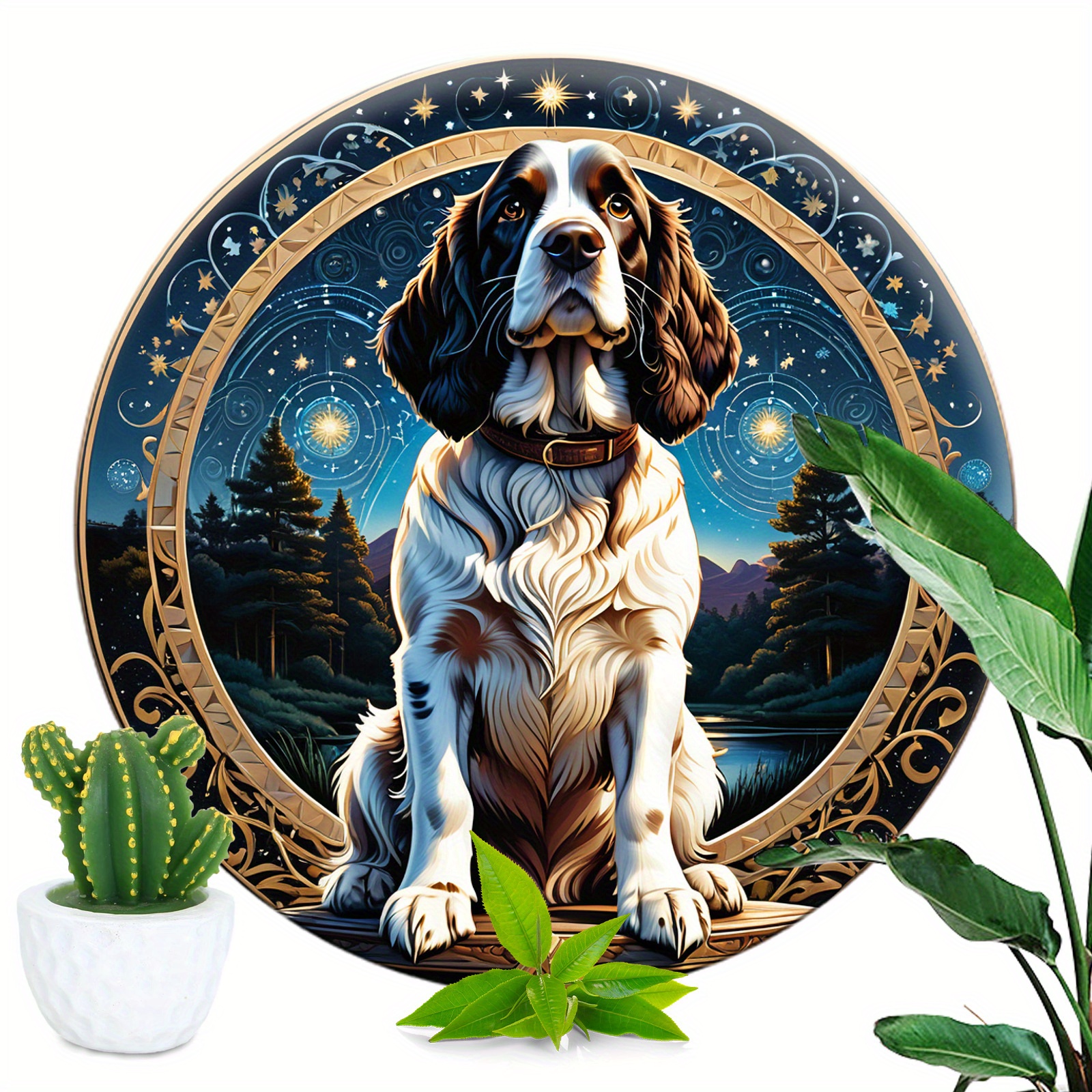 

1pc 8x8 Inch Spring Aluminum Sign English Springer Spaniel Theme Decoration Cute Dog Window Decorations Round Wreath Sign Apartment Decoration Thanksgiving Day Gifts