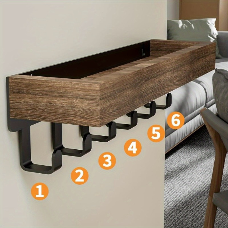 

1pc Rustic Wooden Wall Mounted Shelf With 6 Hooks, Floating Storage Organizer, Key And Mail Holder, For Room Bedroom Bathroom, Versatile Wood Tray Caddy,