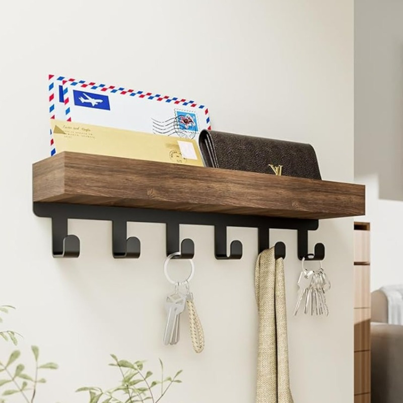 

1pc Rustic Wooden Wall Mounted Shelf With 6 Hooks, Floating Storage Organizer, Key And Mail Holder, For Room Bedroom Bathroom, Wood Tray Caddy,