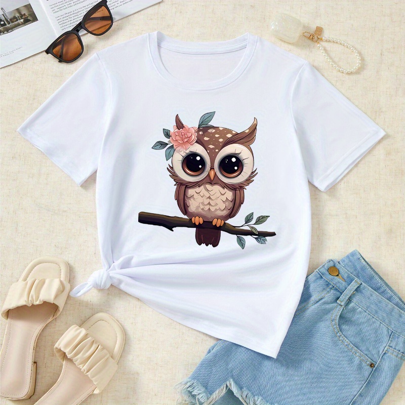 

Cartoon Owl Print T-shirt, Casual Crew Neck Short Sleeve Top For Spring & Summer, Women's Clothing