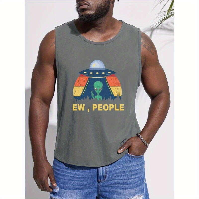 

Plus Size Tank Top For Men, Anime Alien Graphic Print Sleeveless Tees For Sports/fitness, Quick Dry Breathable Tops