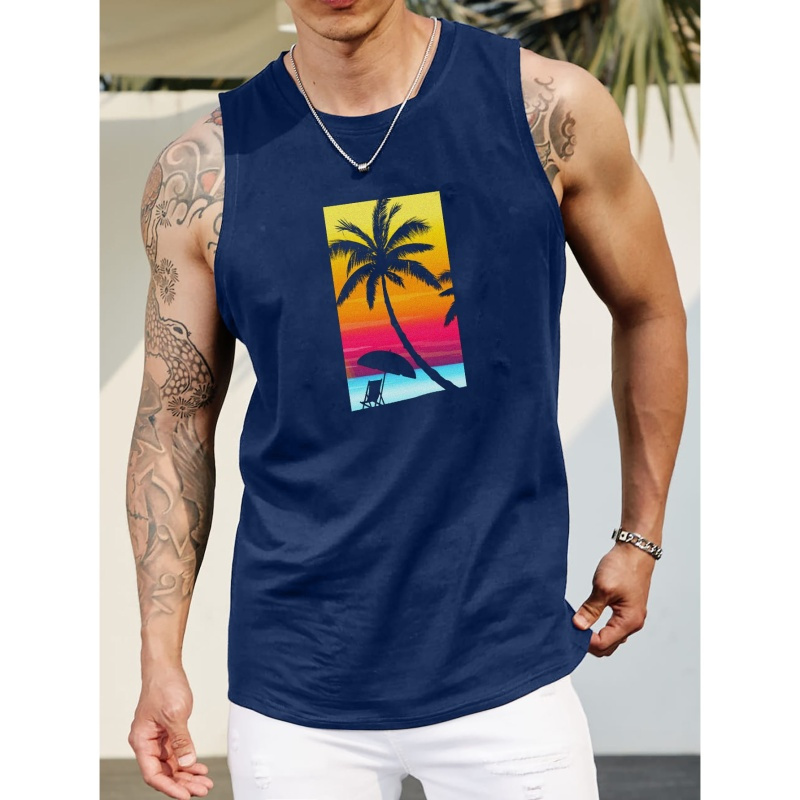 

Plus Size Tank Top For Men, Coconut Trees Graphic Print Sleeveless Tees For Sports/fitness, Quick Dry Breathable Tops