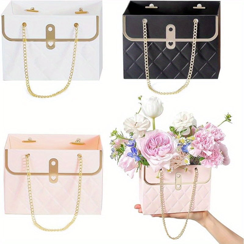 

3pcs Florist Bag Flower Paper Gift Box With Metal Chain, New Bouquet Storage Bucket Handbag Gift Case For Wedding Party Valentine's Day Birthday Mother's Day Gift Wrap Bags-5.9 X 3.9 X 4.1