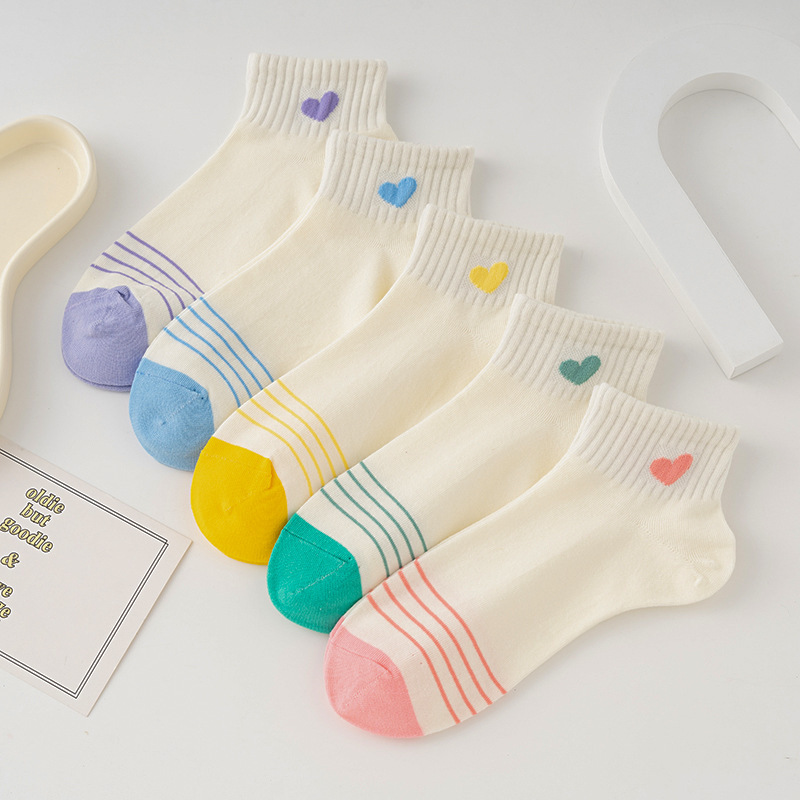 

5 Pairs Colorful Heart & Striped Socks, Cute & Breathable Pastel Ankle Socks, Women's Stockings & Hosiery