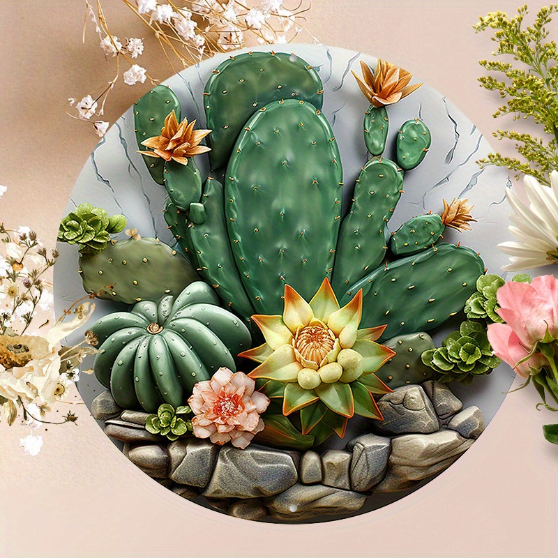 

1pc 8x8inch (20x20cm) Round Aluminum Sign, Vintage Metal Sign, Cute Cactus Metal Wreath Sign, For Home Living Room Bedroom Decor