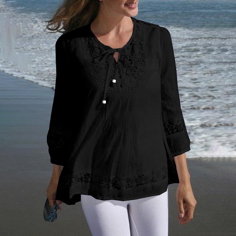 

Plus Size Lace Stitching Tie Front Blouse, Casual Long Sleeve Blouse For Spring & Fall, Women's Plus Size Clothing