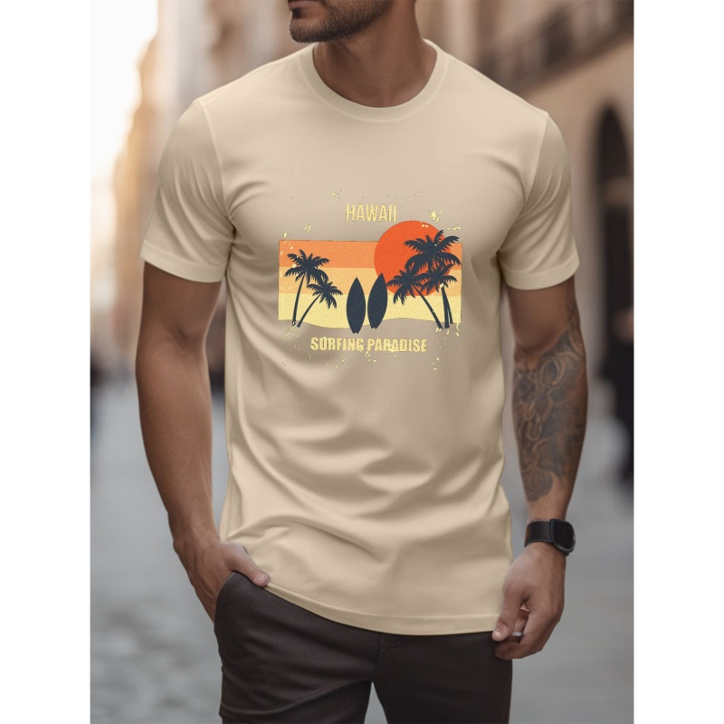 

Hawaii Surfing Paradise Print T Shirt, Tees For Men, Casual Short Sleeve T-shirt For Summer