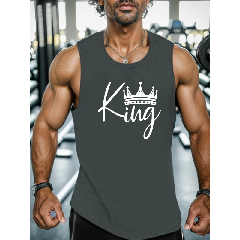 

King Crown Print Summer Men's Quick Dry Moisture-wicking Breathable Tank Tops Athletic Gym Bodybuilding Sports Sleeveless Shirts For Workout Running Training Men's Clothing