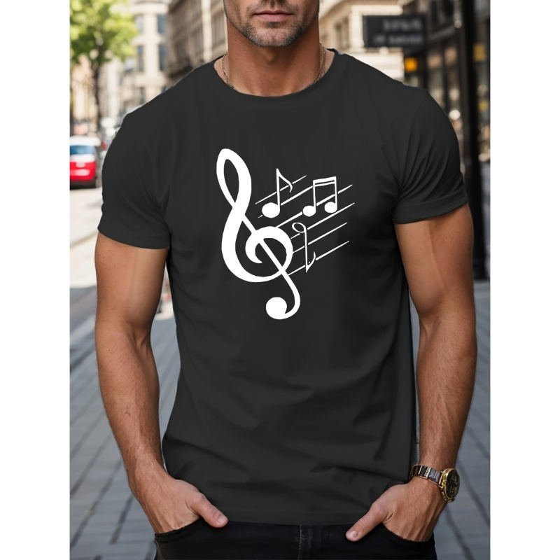 

Music Notes Letters Print Casual Crew Neck Short Sleeve T-shirt For Men, Quick-drying Comfy Casual Summer Tops For Daily Wear Work Out And Vacation Resorts