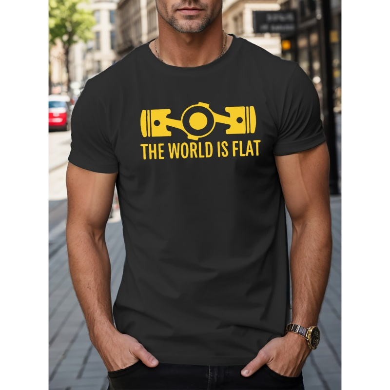 

The World Is Flat Letters Print Casual Crew Neck Short Sleeve T-shirt For Men, Quick-drying Comfy Casual Summer Tops For Daily Wear Work Out And Vacation Resorts