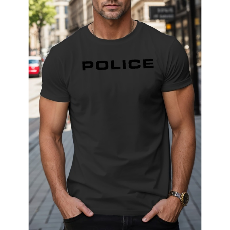 

Police Letters Print Casual Crew Neck Short Sleeve T-shirt For Men, Quick-drying Comfy Casual Summer Tops For Daily Wear Work Out And Vacation Resorts