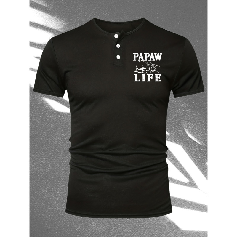 

Plus Size Men's Papaw Life Graphic Print Henley Shirt, Casual Breathable Half Button Short Sleeve Shirt For Outdoor Activities, Men's Clothing