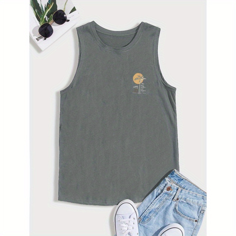 

Plus Size Men's Tank Top, Tropical Plants Print Sleeveless Comfortable Mesh Breathable Summer Sports Vest