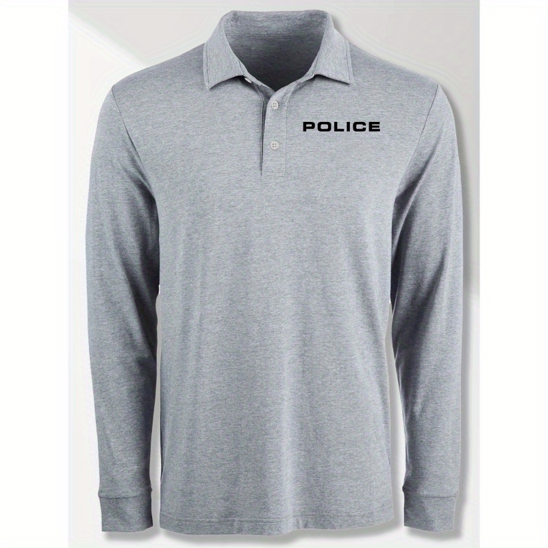 

Plus Size Men's "police" Graphic Print Golf Shirt, Spring Fall Casual Fashion Long Sleeve Shirt For Males