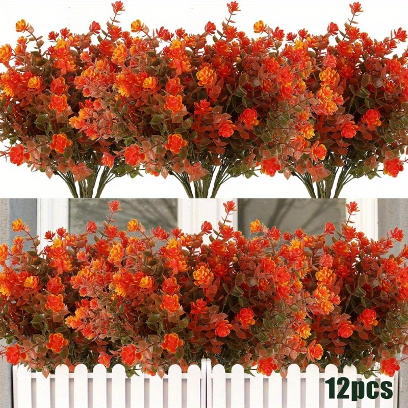 

12 Bundles Artificial Fall Flowers No Fade Faux Autumn Plants, Fake Indoor Outdoor Greenery Decorations For Thanksgiving Christmas Wedding Party Home Garden Fireplace Décor (green Orange)