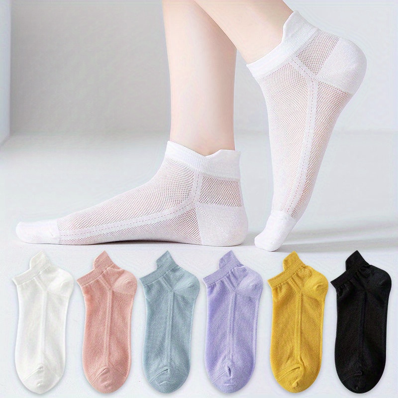 

6 Pairs Solid Mesh Socks, Simple & Lightweight Ankle Socks, Women's Stockings & Hosiery