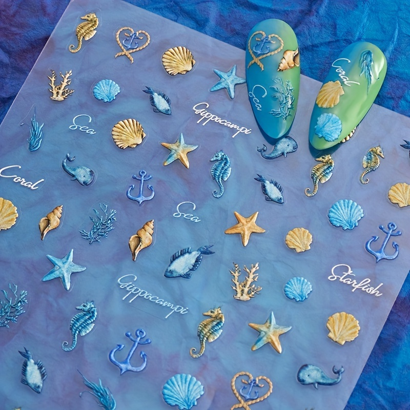 

1 Sheet 5d Embossed Ocean Theme Nail Art Stickers, Starfish Jellyfish Shell Design Nail Art Decals For Nail Art Decoration,self Adhesive Nail Art Supplies For Women And Girls